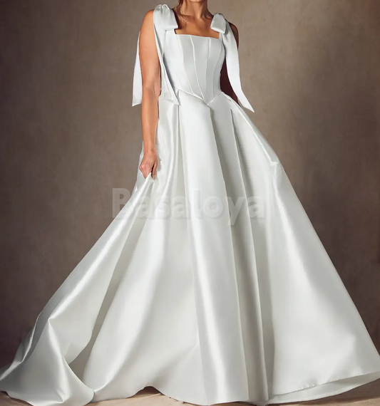 WD0103 Graceful Square Neck A-Line Wedding Dress with Bows Bridal Gown