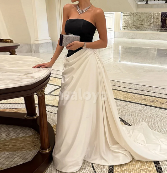 SP0284 Simple White&Black Strapless Straight Draped Prom Dress with Train