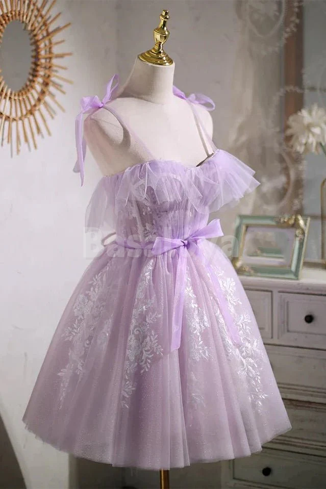 HM0144 Elegant Lilac Sweetheart A-Line Applique Homecoming Gown with Bows