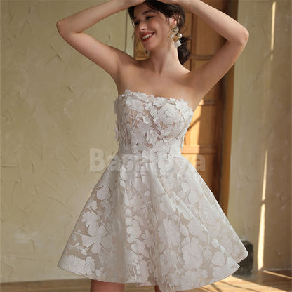 WD0041 Elegant White Strapless A-Line Mini Wedding Dress with 3D Floral