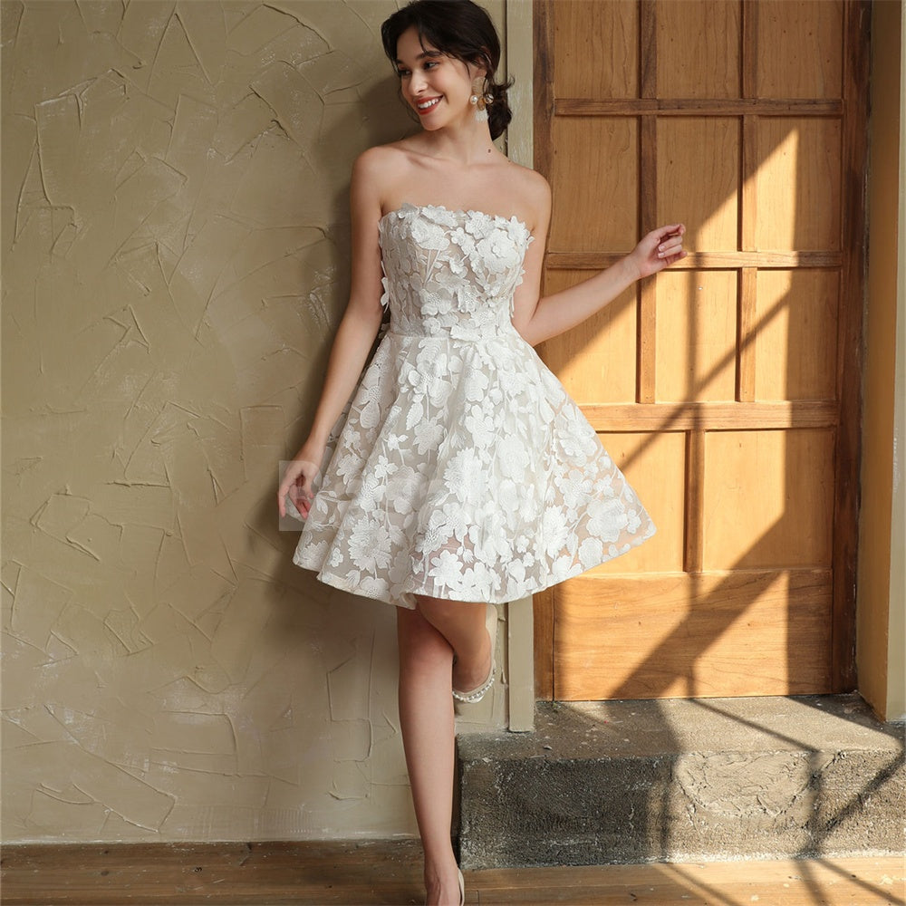 WD0041 Elegant White Strapless A-Line Mini Wedding Dress with 3D Floral