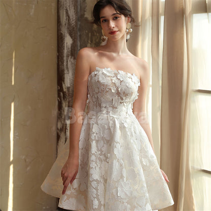 WD0041 Elegant White Strapless A-Line Mini Wedding Dress with 3D Floral