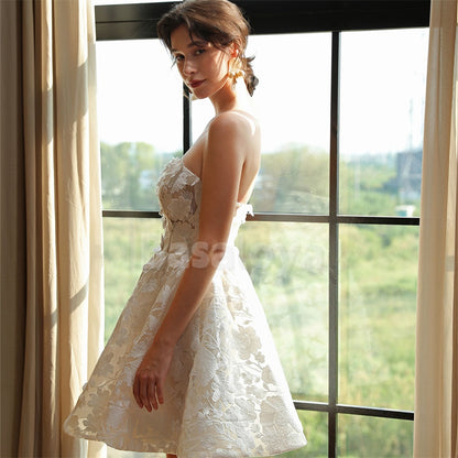 WD0041 Elegant White Strapless A-Line Mini Wedding Dress with 3D Floral