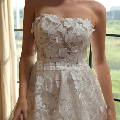 WD0041 Elegant White Strapless A-Line Mini Wedding Dress with 3D Floral