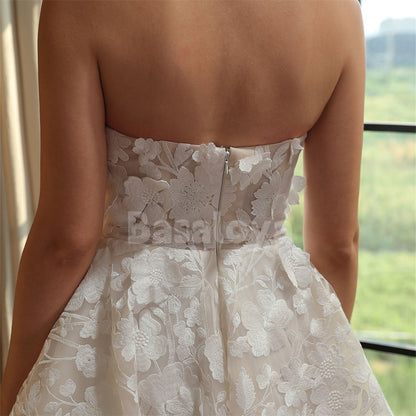 WD0041 Elegant White Strapless A-Line Mini Wedding Dress with 3D Floral
