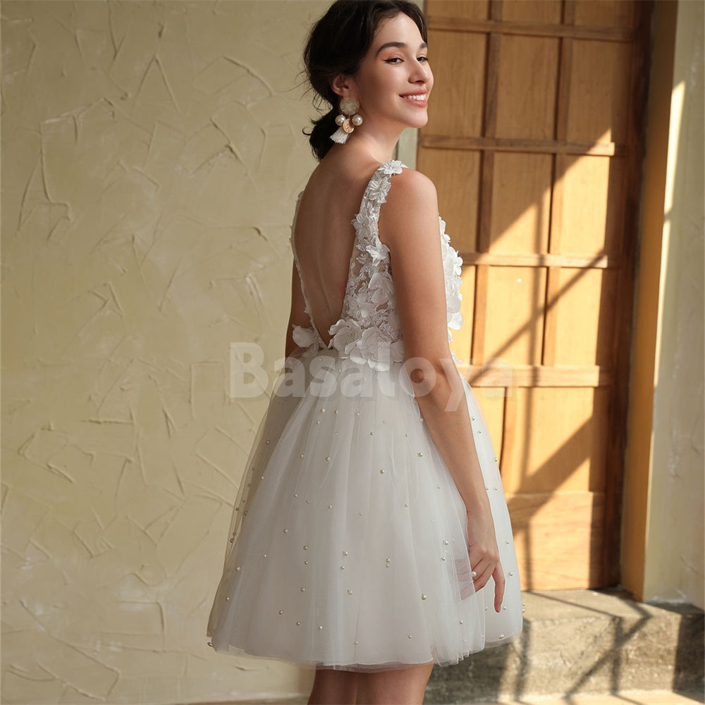 WD0042 Luxury 3D Floral V-Neck Puff Sleeves A-Line Pearls Mini Wedding Gowns