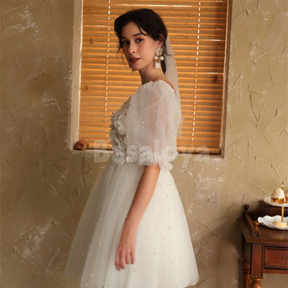 WD0042 Luxury 3D Floral V-Neck Puff Sleeves A-Line Pearls Mini Wedding Gowns