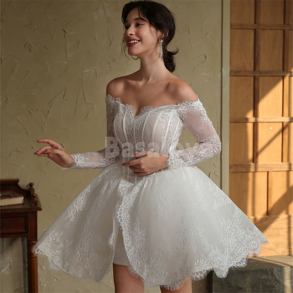 WD0043 Elegant Long Sleeves A-Line Sweetheart Lace Wedding Dress