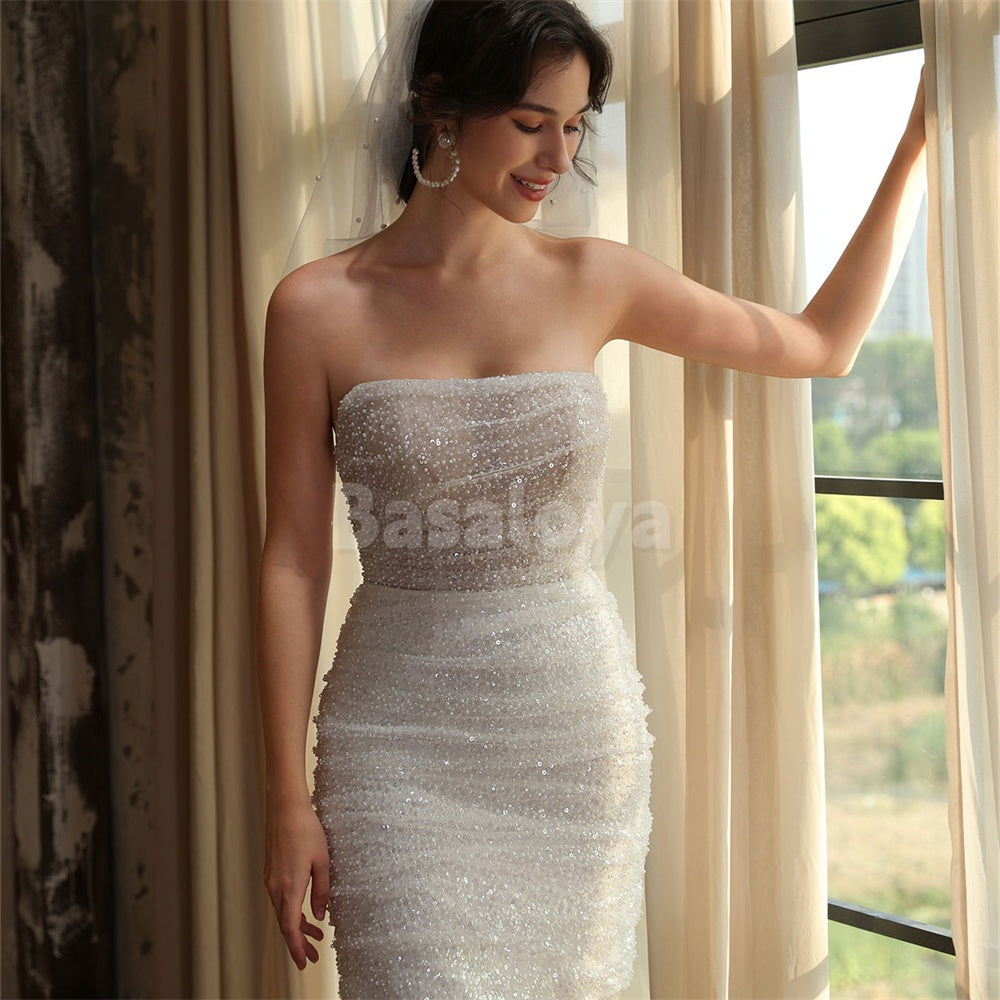 WD0044 Elegant Tube Top Sheath Sequined Mini Wedding Dress