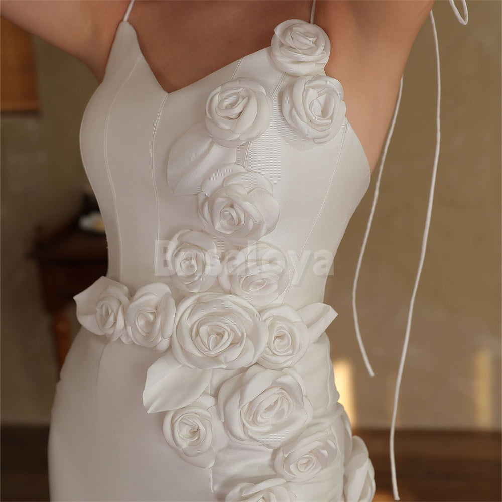 WD0047 Luxury V-Neck Boydcon Mini Satin Wedding Dress with 3D Flowers