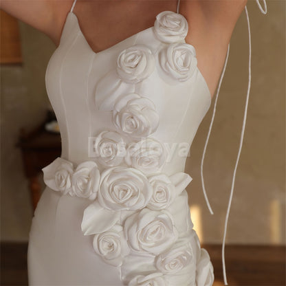 WD0047 Luxury V-Neck Boydcon Mini Satin Wedding Dress with 3D Flowers
