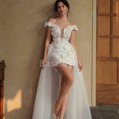 WD0048 Luxury 3D Pearls Floral Off-Shoulder Bodycon Bridal Gown with Overskirt