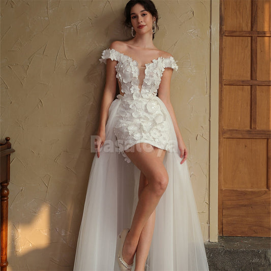 WD0048 Luxury 3D Pearls Floral Off-Shoulder Bodycon Bridal Gown with Overskirt