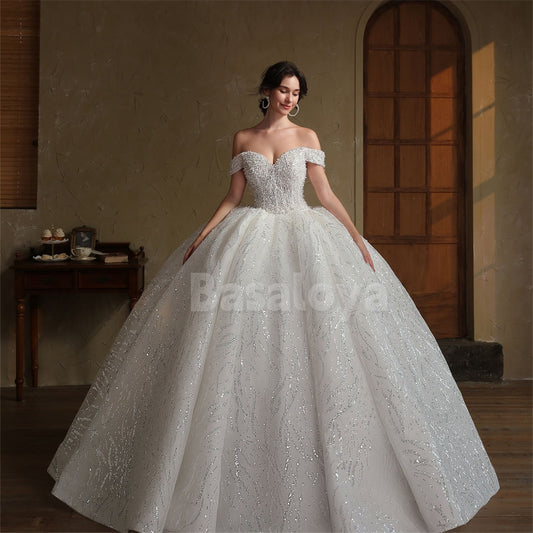 WD0051 Luxury White Pearls Off-Shoulder A-Line Sequins Wedding Dress