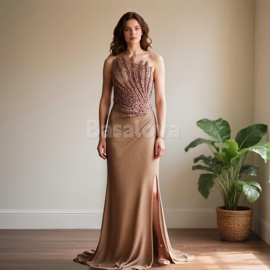 ED0003 Elegant Camel Asymmetrical Sheath Tulle Evening Dress with Crystal