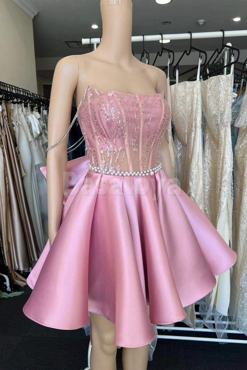 HM0150 Gorgeous Pink Pearls A-Line Sequin Satin Mini Party Dress with Bow
