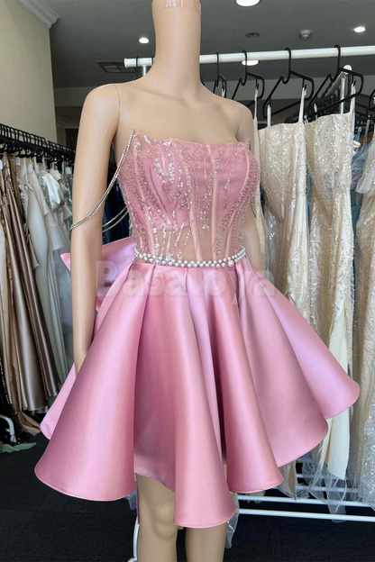 HM0150 Gorgeous Pink Pearls A-Line Sequin Satin Mini Party Dress with Bow