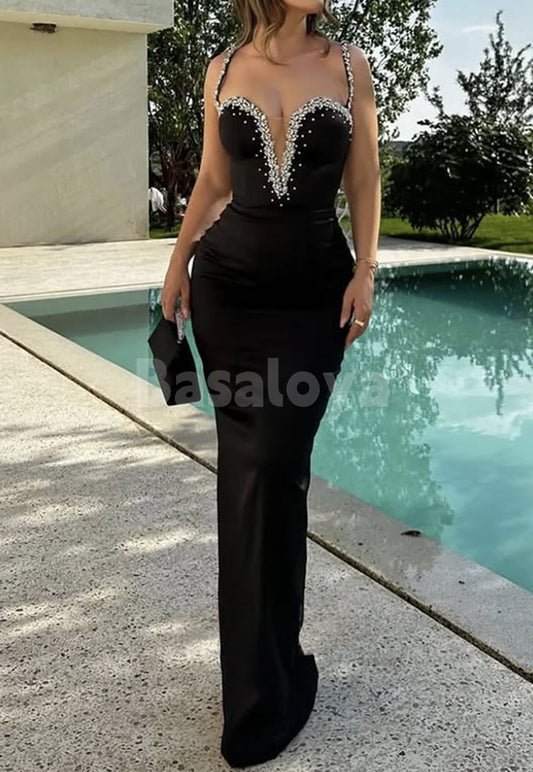 ED0055 Sexy Black Beaded Spaghetti Straps Sheath Evening Party Gown