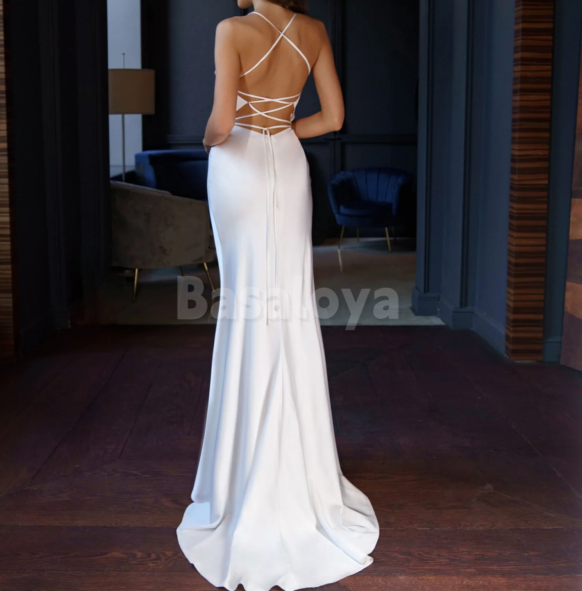 WD0156 Simple White Spaghetti Straps Mermaid Maxi Wedding Dress