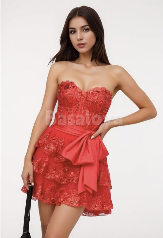 HM0003 Luxury Corset Red Sequin Appliques Short Party Dress with Bow