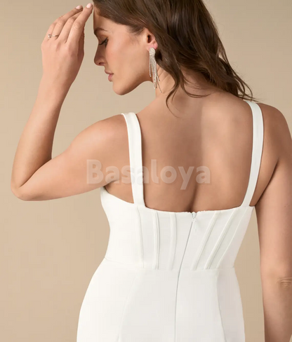 WD0116 Bohemian White V-Neck Sheath Pleated Beach Wedding Dress with Slit