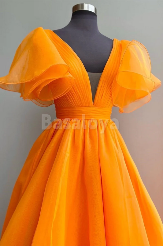 SP0183 Classic Orange A-Line V-Neck Cap Sleeves Pleats Prom Dresses