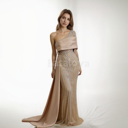 ED0012 Elegant Crystal One Shoulder Mermaid Evening Dress with Overskirt