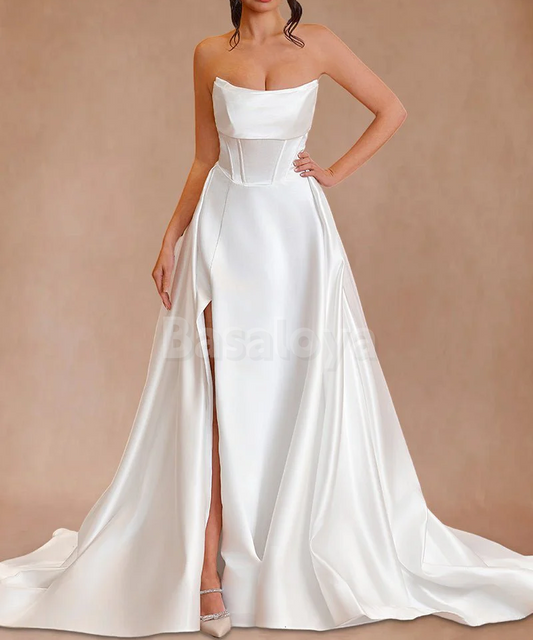 WD0062 Classic White Strapless A-Line Side Slit Wedding Gown with Overskirt