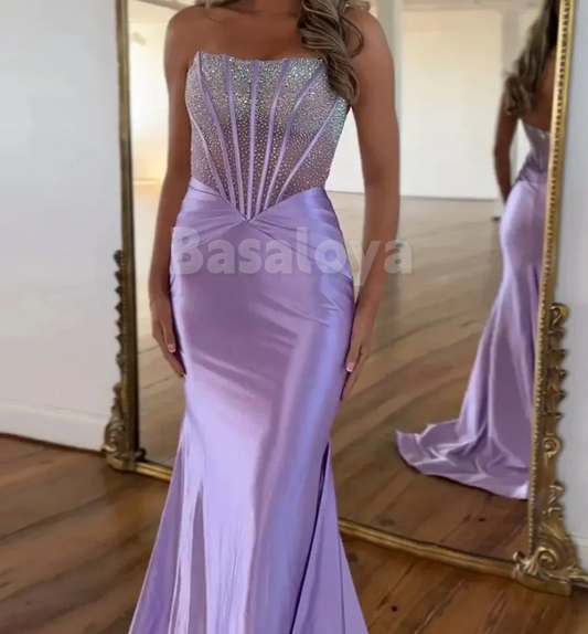 SP0171 Elegant Lilac Tube Top Bodycon Beaded Prom Party Dress with Train