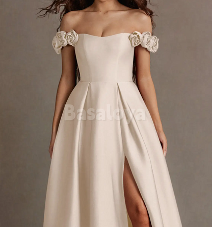 SP0249 Graceful Cream 3D Floral Off Shoulder A-Line Prom Dress with Slit