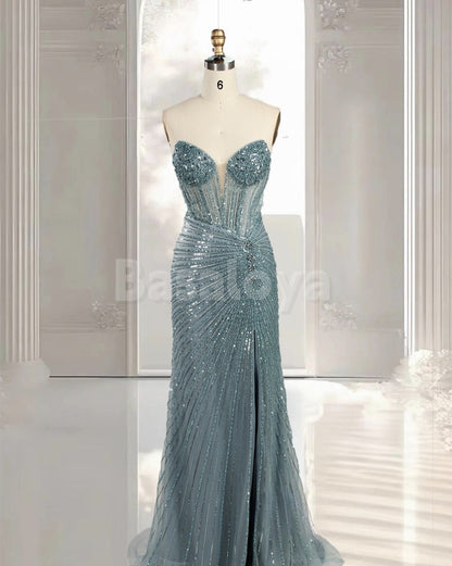 ED0036 Sparkly Lake Blue Beaded Sweetheart Sheath Sequined Evening Dress