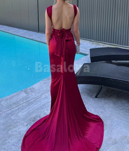 SP0164 Graceful Purple V-Neck Sheath Bow Prom Party Dress with Train