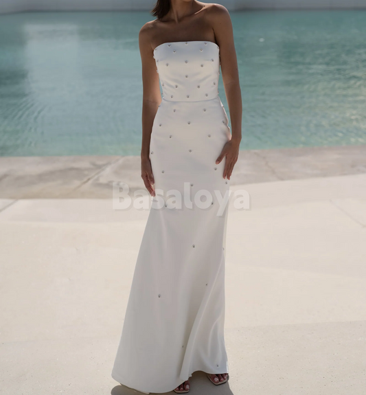 WD0163 Luxury Pearls White Tube Top Mermaid Satin Bridal Gown Wedding Dress