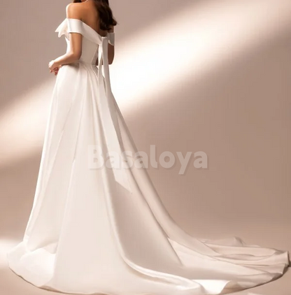 WD0176 Elegant Off-Shoulder A-Line Bow Long Wedding Dress with Pockets