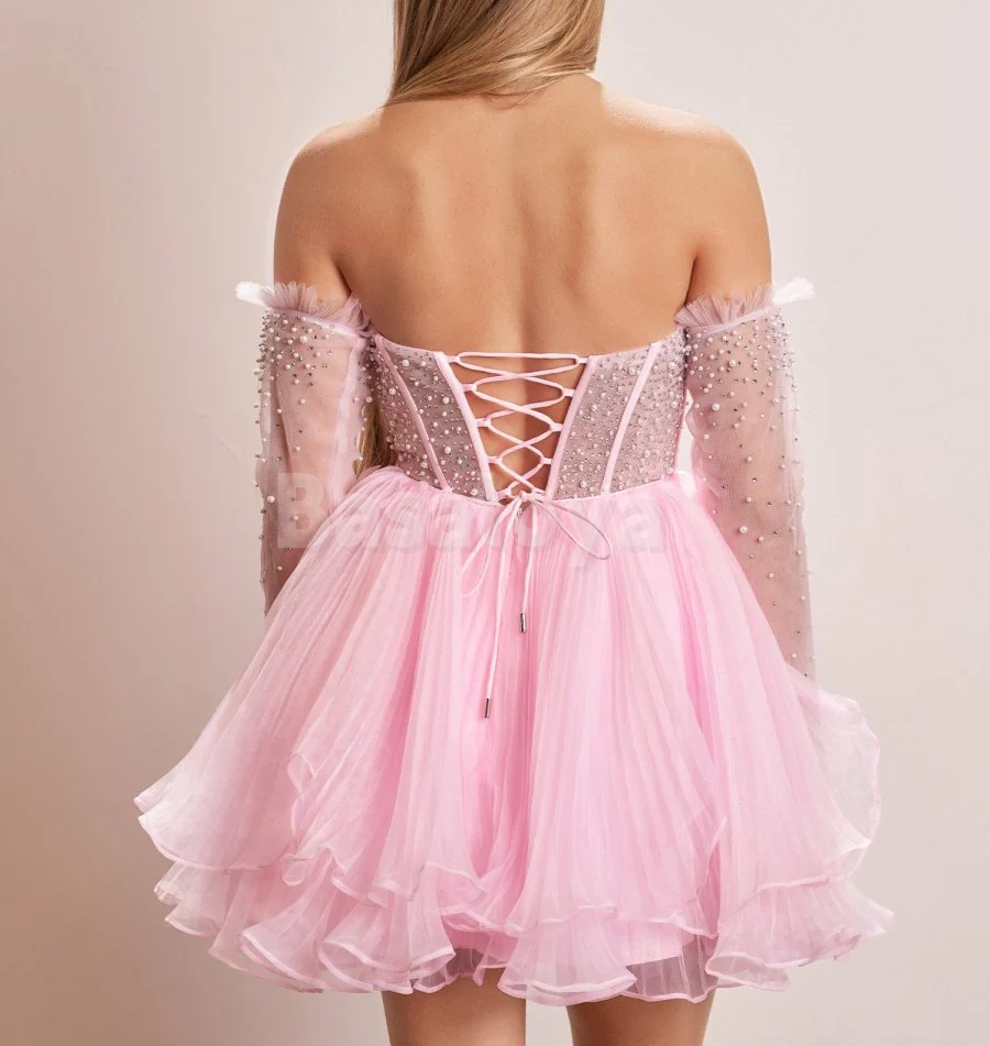 HM0131 Luxury Pink Pearls Long Sleeves A-Line Tiered Homecoming Dress
