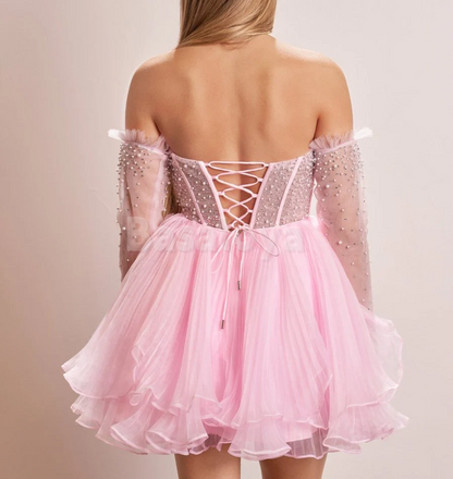 HM0131 Luxury Pink Pearls Long Sleeves A-Line Tiered Homecoming Dress