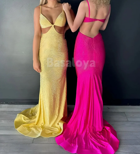 SP0146 Sexy Fuchsia V-Neck Bodycon Beaded Prom Dress Party Gown