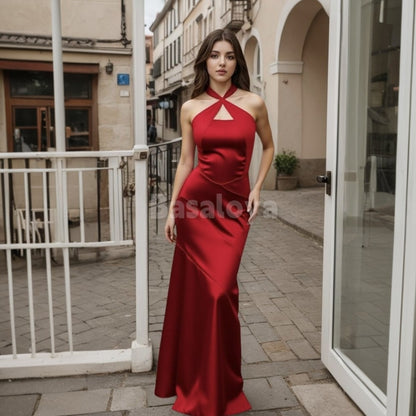 SP0024 Elegant Red Cross Neck Sleeveless Straight Satin Prom Formal Gown