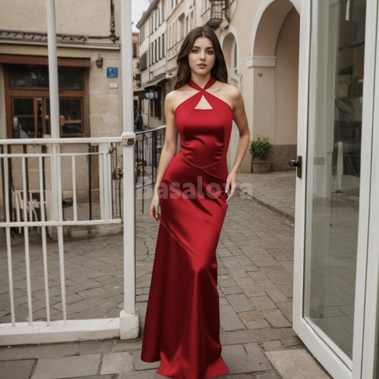 SP0024 Elegant Red Cross Neck Sleeveless Straight Satin Prom Formal Gown