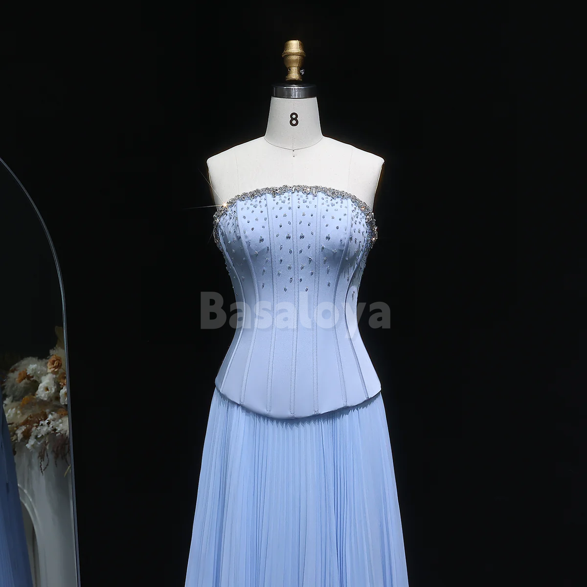 SP0289 Graceful Blue Strapless A-Line Pleats Evening Prom Dress with Beaded