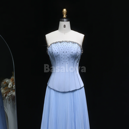 SP0289 Graceful Blue Strapless A-Line Pleats Evening Prom Dress with Beaded