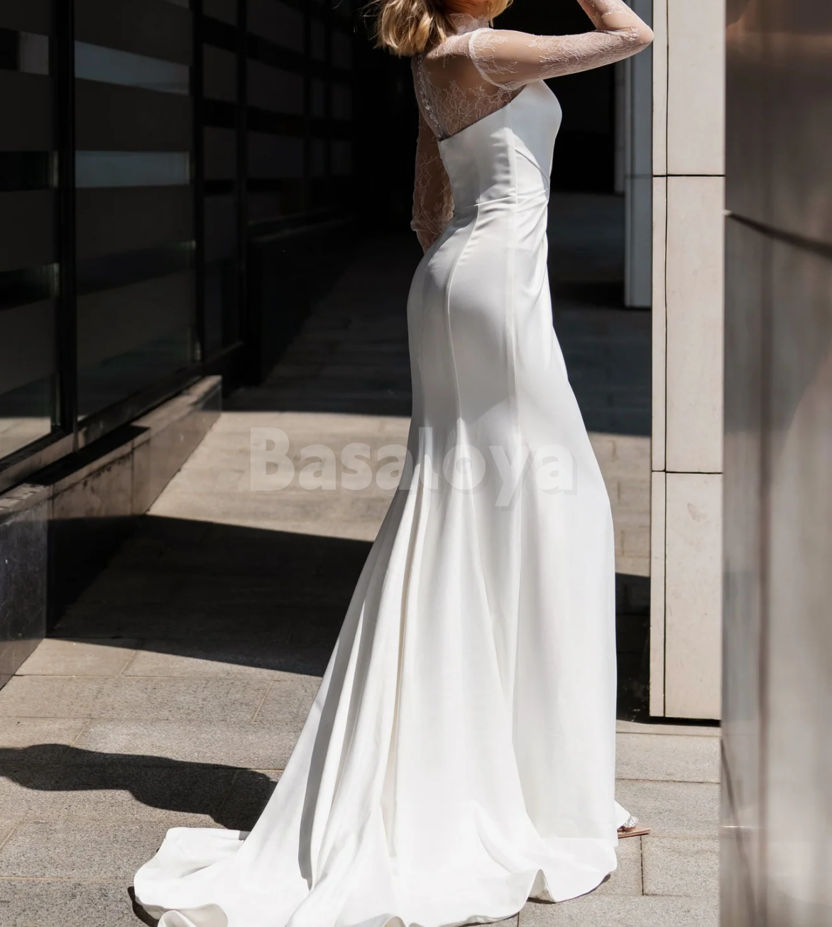 WD0150 Graceful High Neck Long Sleeves Sheath Pleats Wedding Gown with Slit