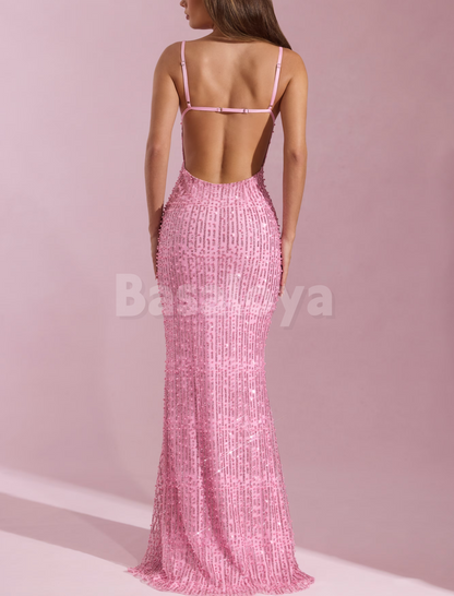 SP0300 Luxury Aqua Blue Spaghetti Straps Sheath Maxi Dress Prom Dress