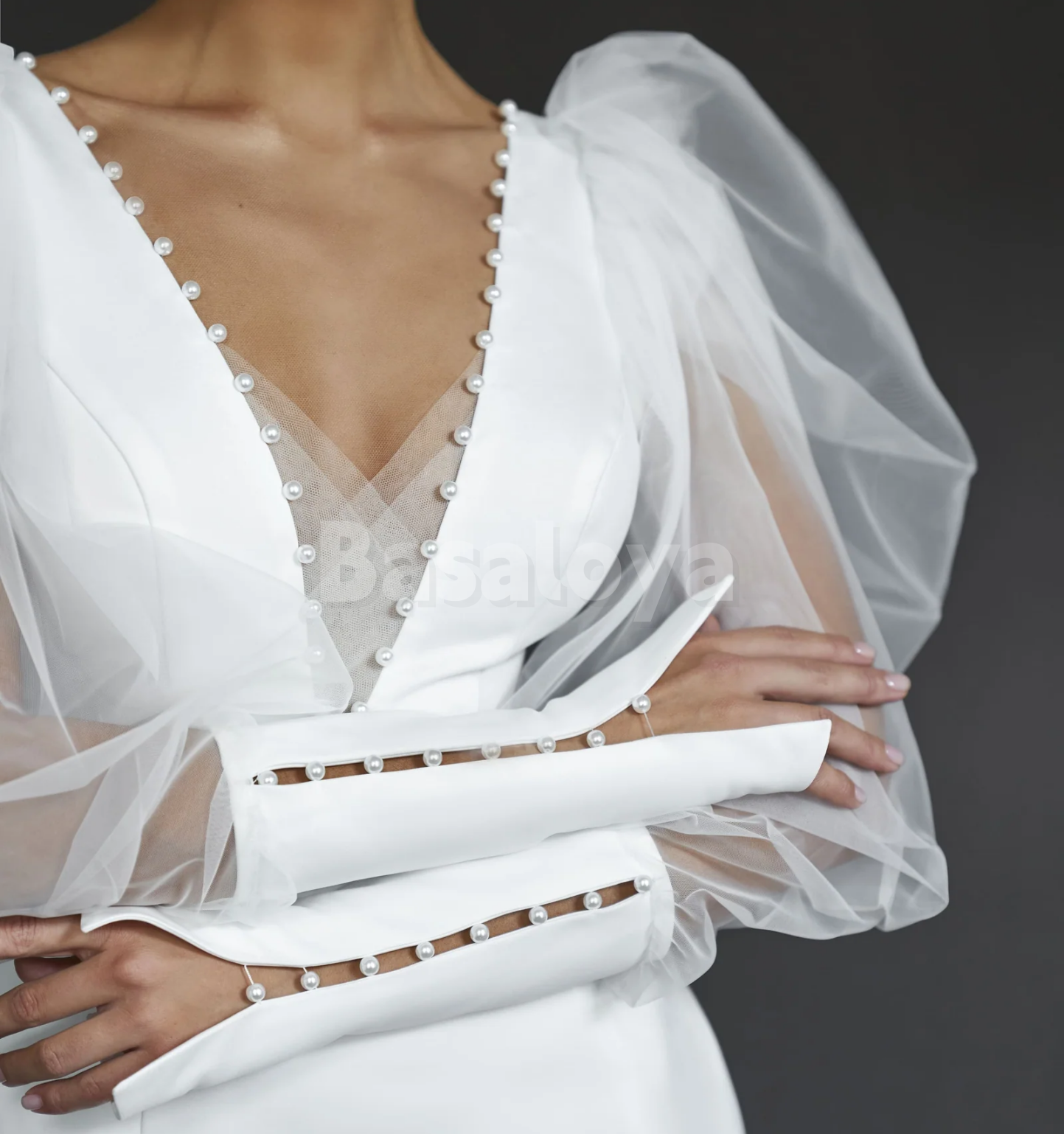 WD0181 Classic Pearls White Long Sleeves V-Neck Sheath Midi Wedding Dress