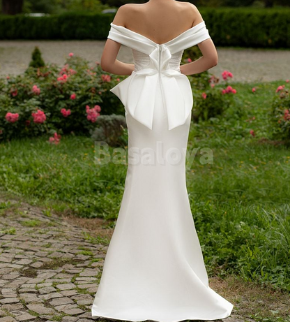 WD0030 Gorgeous Off-Shoulder Sheath Side Slit Wedding Dress with Sequins