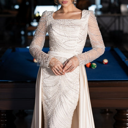 ED0010 Elegant Pearls Square Neck Long Sleeve Mermaid Evening Dress with Overskirt