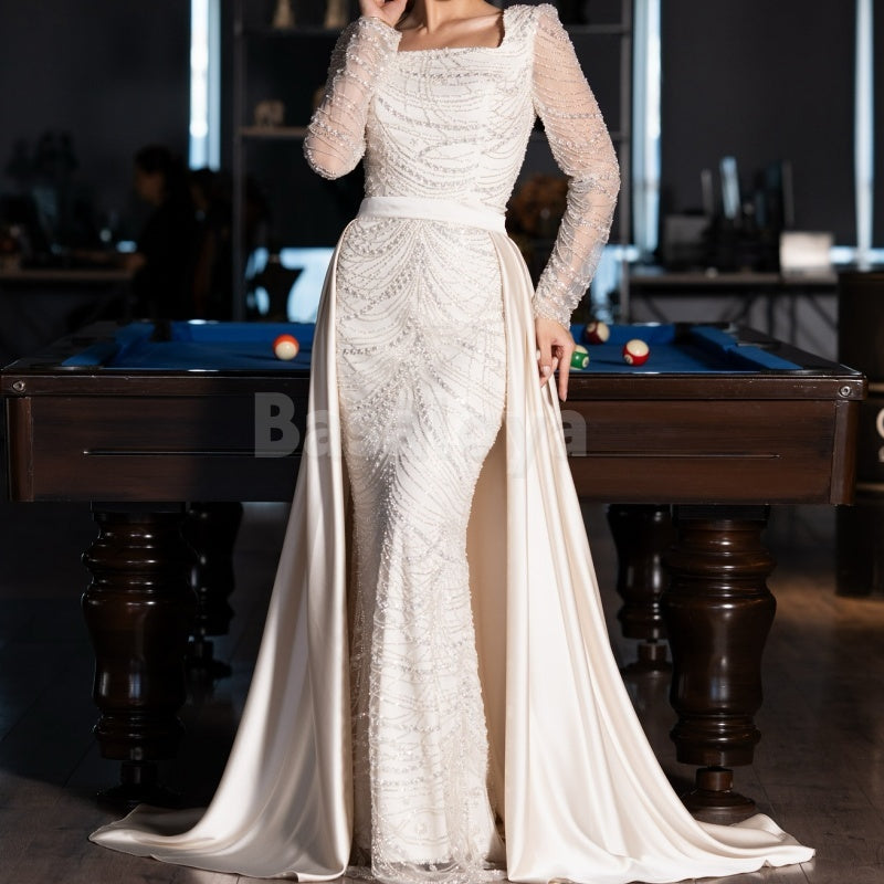 ED0010 Elegant Pearls Square Neck Long Sleeve Mermaid Evening Dress with Overskirt