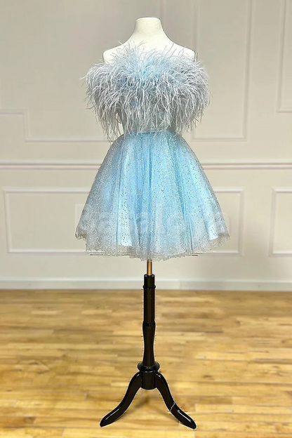 HM0148 Luxury Feathers Blue A-Line Strapless Sequined Homecoming Gown