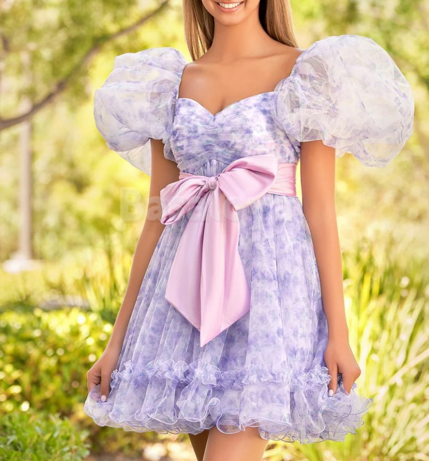 HM0103 Graceful Lavender Puff Sleeves A-Line Printed Party Dress with Bow