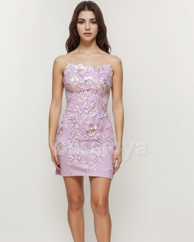 HM0028 Elegant Lilac Spaghetti Straps Bodycon Homecoming Dress with Applique
